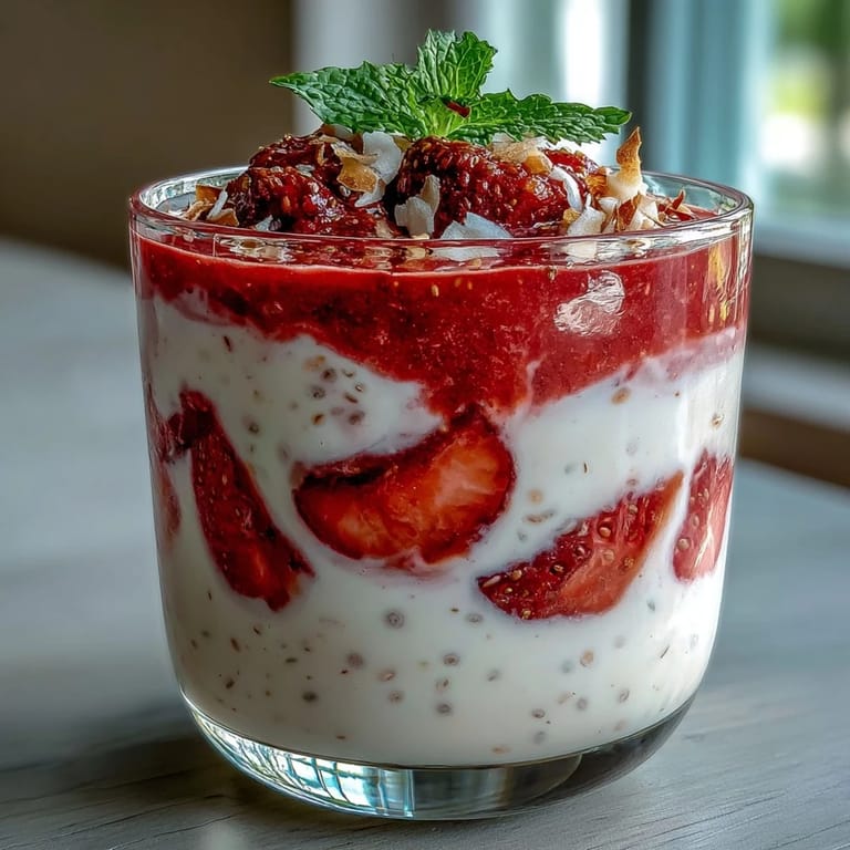 A layered chia pudding featuring ripe strawberries and coconut milk, garnished with toasted coconut flakes for a delightful, healthy treat.