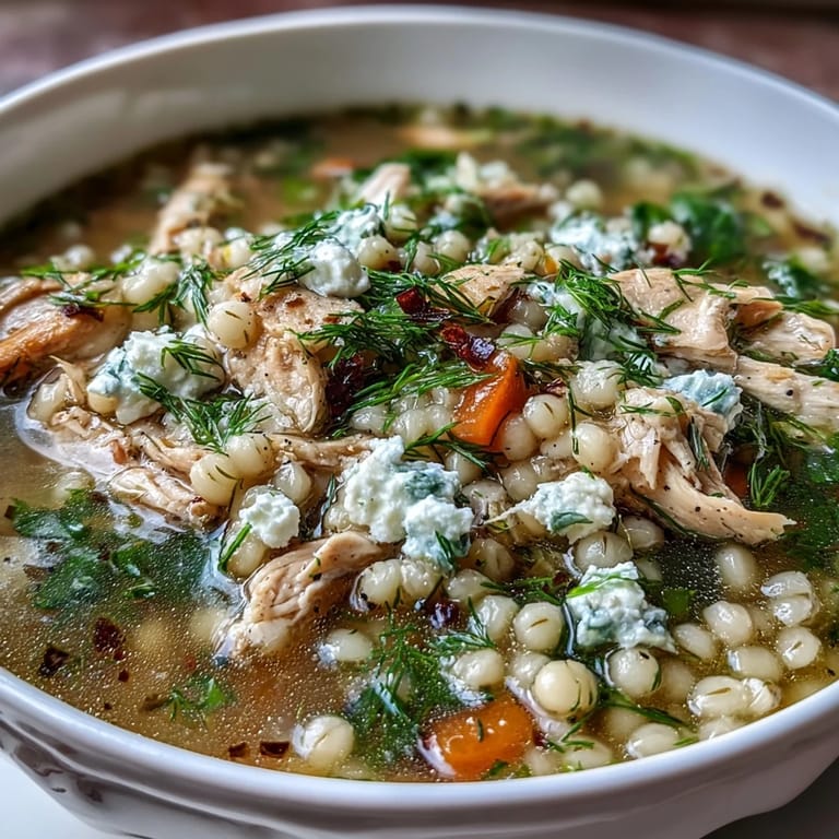 Hearty Greek-inspired chicken soup featuring pearl couscous, aromatic vegetables, lemon zest, and fresh dill topping.