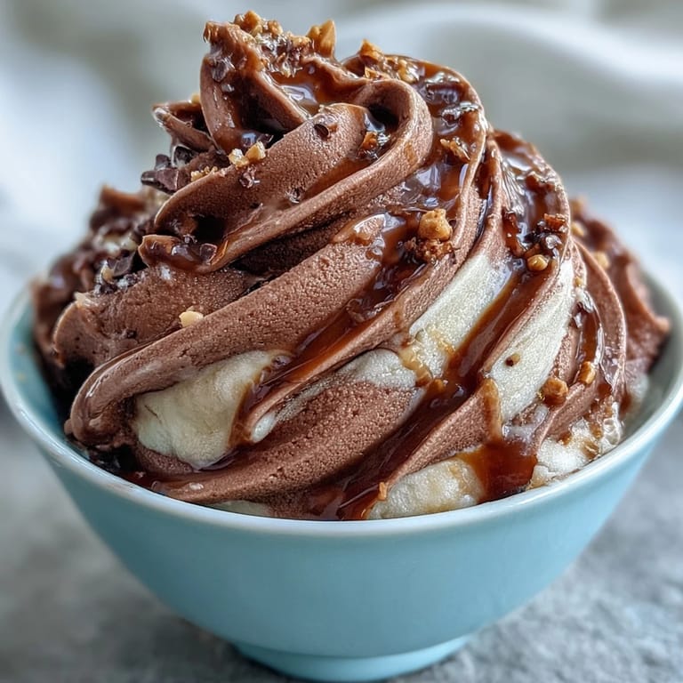 Rich dairy-free chocolate banana nice cream featuring almond butter ribbons, garnished with toasted almonds for a satisfying healthy dessert.