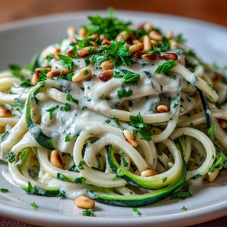 Silky cashew-based Alfredo coats tender spiralized zucchini noodles, creating a flavorful low-carb meal perfect for vegan and gluten-free diets.  