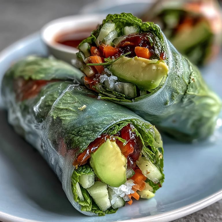 Fresh and vibrant vegan spring rolls bursting with mango, avocado, and crisp vegetables, paired with sweet chili dip.  
