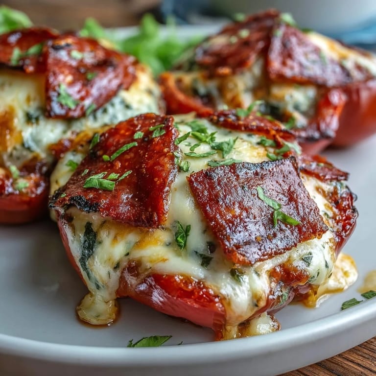 Bell peppers filled with savory marinara, melted mozzarella, and zesty pepperoni for a low-carb pizza twist.  