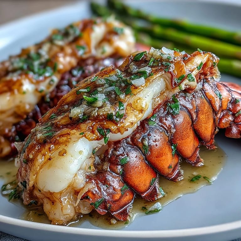 Succulent lobster tails drizzled in rich garlic butter, served alongside tender-crisp asparagus for an elegant keto-friendly dinner.