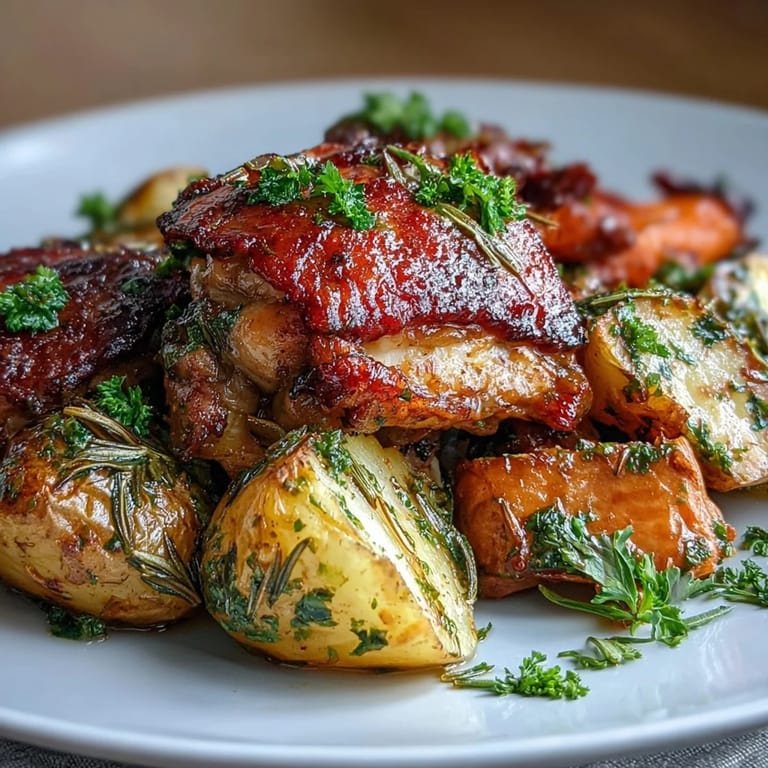 Oven-roasted chicken thighs seasoned with rosemary, thyme, and oregano, served alongside tender carrots and crispy baby potatoes.  