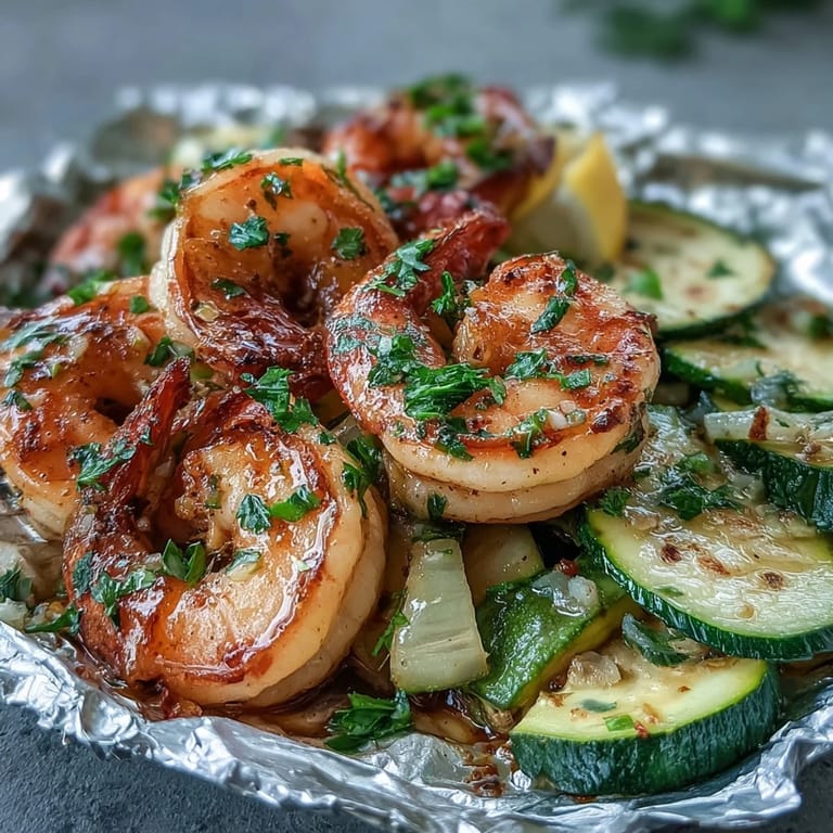 Easy keto lemon butter garlic shrimp foil packets with zucchini, a healthy low-carb dinner ready in minutes.