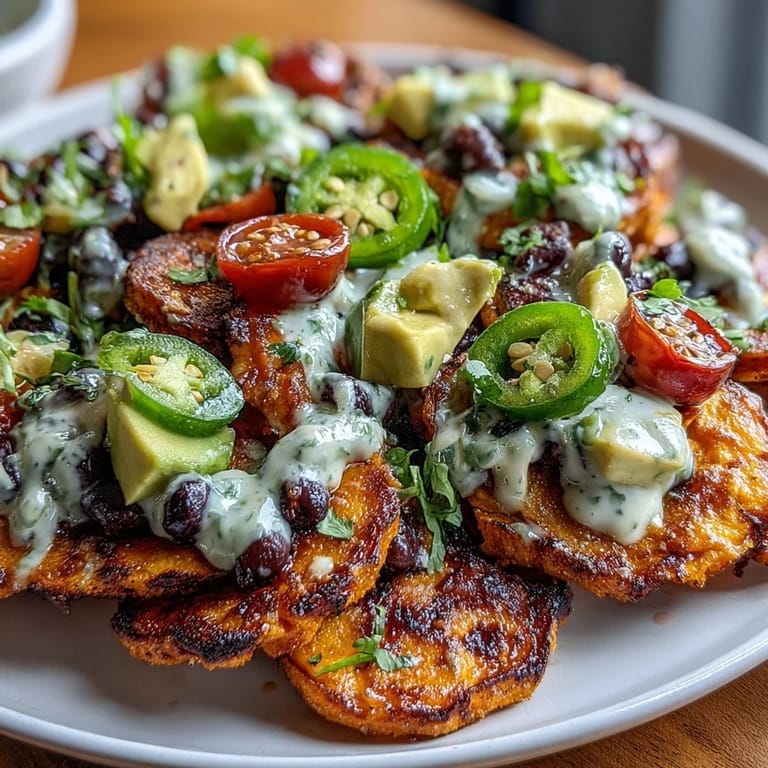 Hearty vegan nachos featuring golden baked sweet potato slices, smoky black beans, and rich cashew queso, topped with fresh avocado and zesty lime for a Tex-Mex feast.
