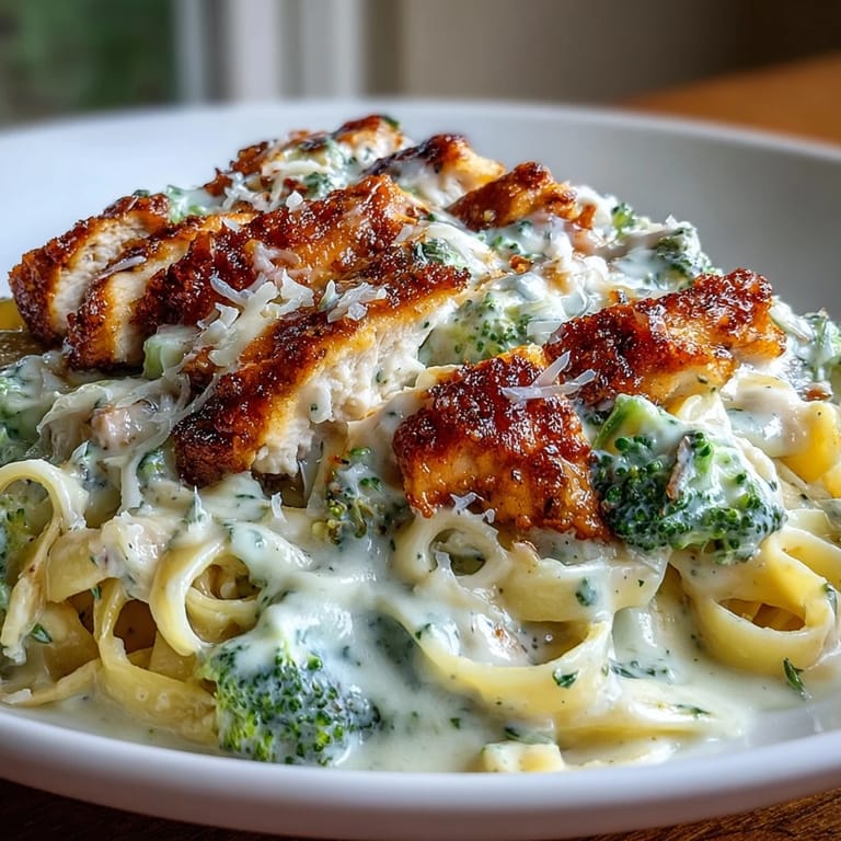 A low-carb chicken Alfredo dish with rich cream sauce spooned over tender broccoli, garnished with fresh parsley.