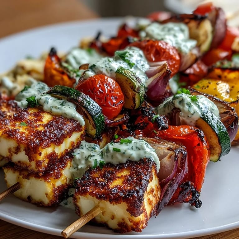 Golden halloumi cubes and colorful veggies chargrilled to perfection, served with a refreshing mint and parsley yogurt dip.