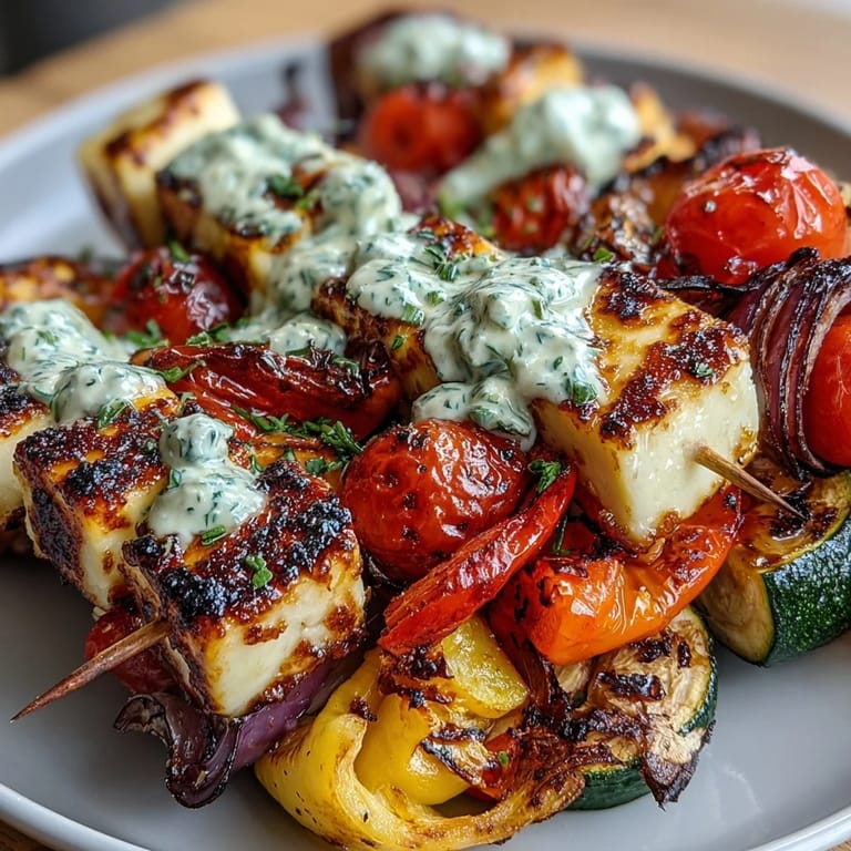 Mediterranean-inspired grilled veggie and halloumi skewers paired with a cool, herby yogurt sauce for a light vegetarian meal.