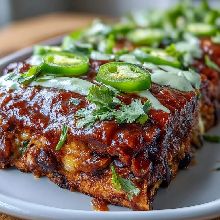 Hearty plant-based casserole topped with creamy avocado crema and fresh cilantro.  