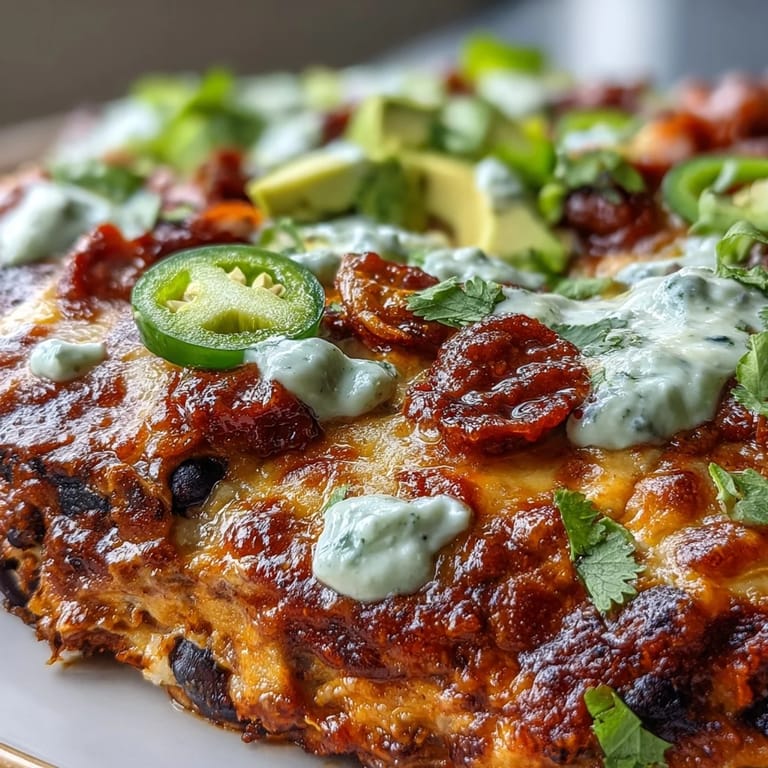 Colorful black bean enchilada bake served with zesty avocado-lime crema for a healthy meal.