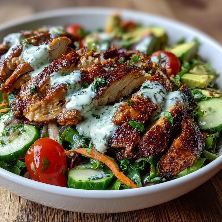 Light Chicken Shawarma Salad Bowls with Lemon Tahini Drizzle: Colorful bowl of marinated chicken shawarma, mixed vegetables, and tangy lemon tahini drizzle for a fresh meal.