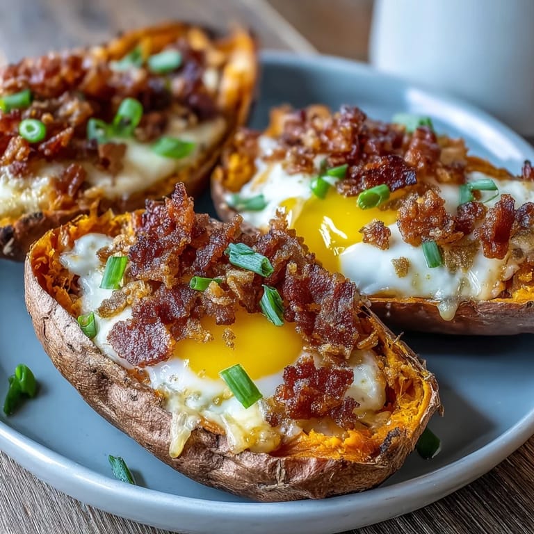 Golden baked sweet potatoes filled with savory bacon, rich cheese, and a sunny-side-up egg, garnished with minced scallion for a wholesome morning meal.  