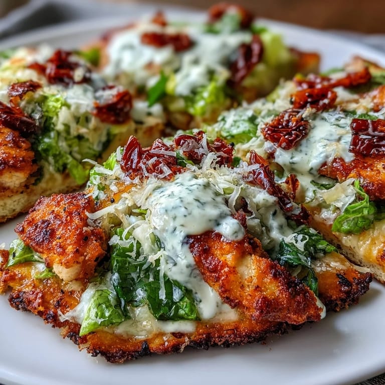 Protein-packed chicken crust pizza featuring vibrant Caesar salad, Parmesan cheese, and black pepper for a satisfying, gluten-free dinner.