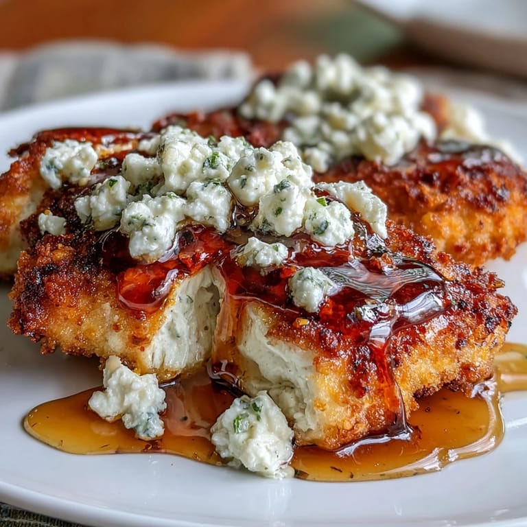 Juicy pan-fried chicken cutlets smothered in melted feta and drizzled with fiery, sweet hot honey for a flavor-packed meal.