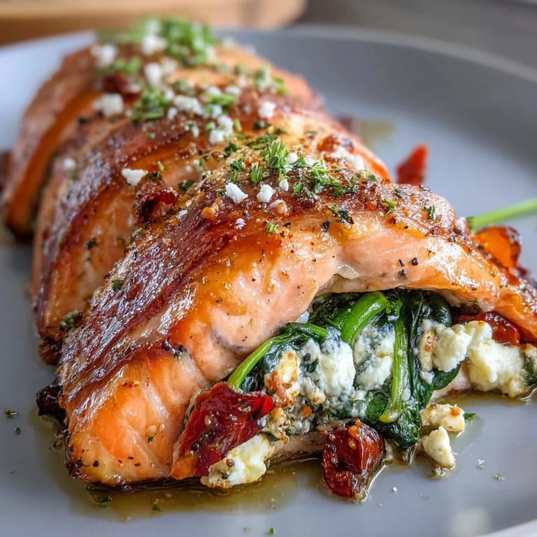 Oven-baked salmon fillets filled with rich spinach-feta stuffing, golden on top and ready to impress at any weeknight meal.