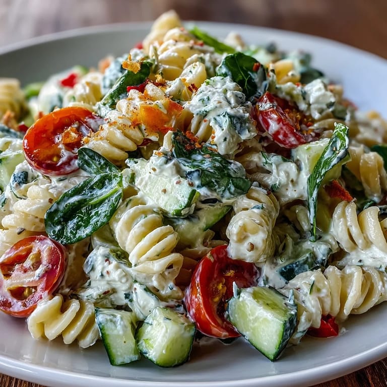 Creamy cottage cheese pasta salad loaded with spinach, red onion, and Italian dressing for a protein-rich lunch.
