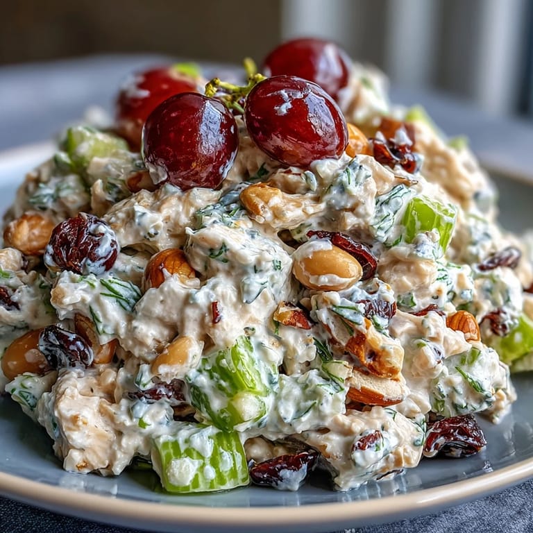 Fresh vegan chicken salad with protein-rich chickpeas, crisp veggies, and grapes, perfect for sandwiches or picnics.
