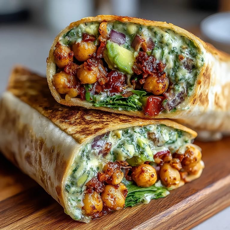 Plant-based chickpea and avocado wrap with bold spices, fresh veggies, and optional jalapeño for a flavorful lunch.