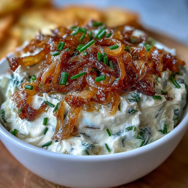 Rich, savory caramelized onion dip blended with tangy sour cream and fresh chives, perfect for scooping with crunchy crackers.