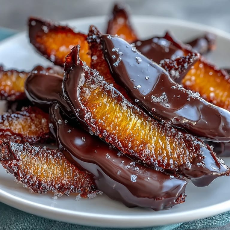 Luxurious dark chocolate-covered candied orange peel, balancing bright citrus zest with deep cocoa notes.