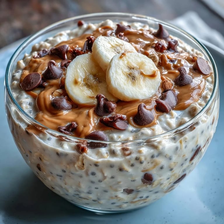 Creamy overnight oats layered with mini chocolate chips and swirls of peanut butter, garnished with extra chocolate chips and banana slices.