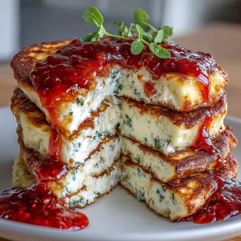 Light and airy cottage cheese pancakes paired with rich, homemade strawberry syrup for a wholesome brunch treat.
