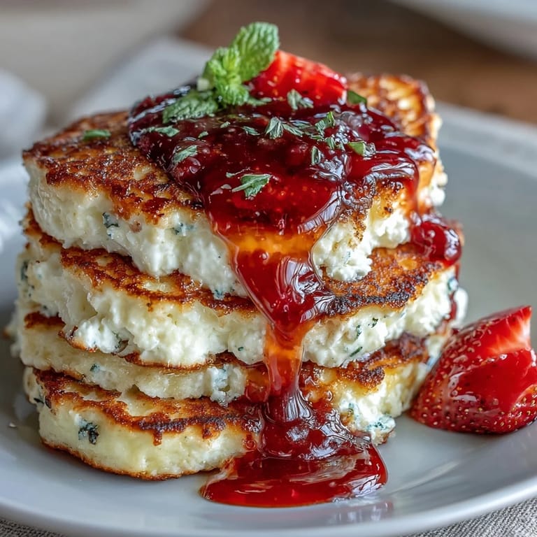 Golden pancakes made with creamy cottage cheese, served with a sweet and tangy fresh strawberry syrup drizzle.