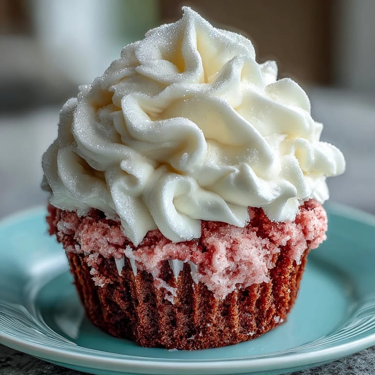 Soft pink velvet cupcakes topped with swirls of rich cream cheese frosting, perfect for sharing with friends on Galentine's Day.