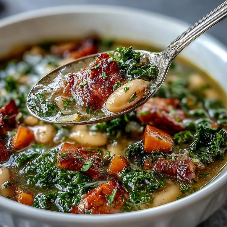 Creamy white beans, vibrant kale, and smoky ham combine in a comforting bowl of nourishing winter soup, perfect for chilly evenings.
