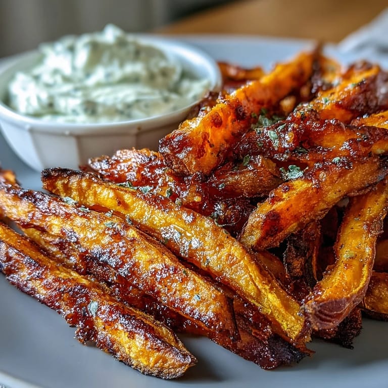 Golden-brown sweet potato fries hot from the air fryer paired with tangy onion dip for a perfect snack or side dish.  