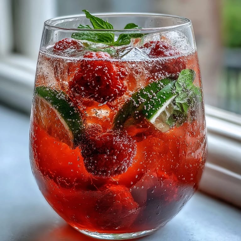 Two refreshing glasses of raspberry lime spritz garnished with mint and lime wedges, ideal for toasting with friends.