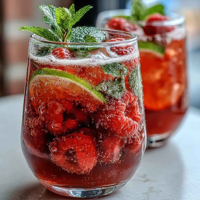 A colorful raspberry lime spritz featuring muddled berries, citrus, and bubbles, ready to serve at any festive gathering.