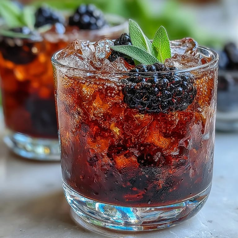Refreshing non-alcoholic beverage featuring muddled blackberries, aromatic sage, and zesty lemon, served over sparkling water and crushed ice.
