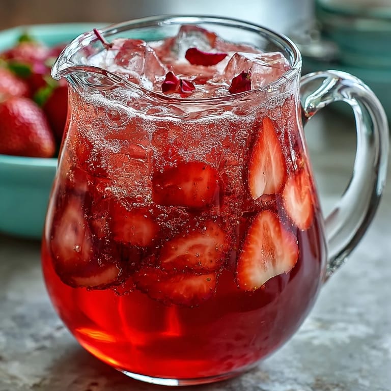 Beautifully layered strawberry rose lemonade with fresh fruit and delicate petals, perfect for serving at outdoor gatherings or special occasions.