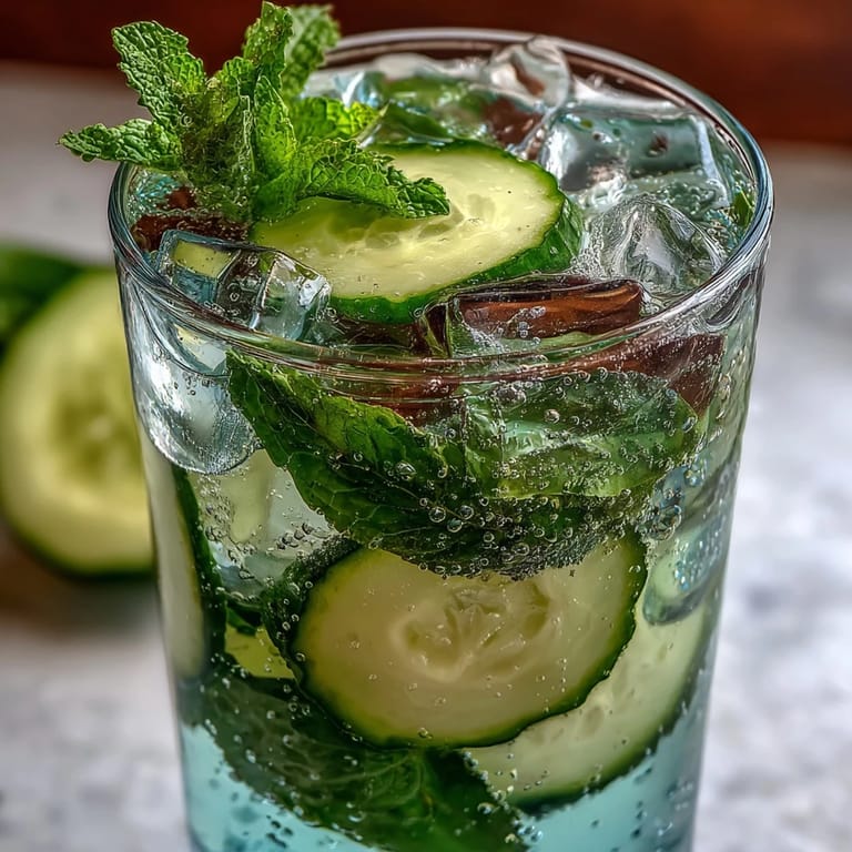 Chilled pitcher of cucumber mint sparkling water, garnished with fresh lime slices and vibrant green mint sprigs.