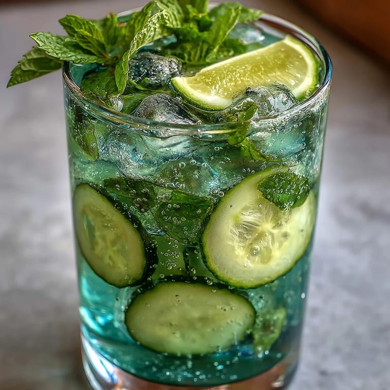 Close-up view of a refreshing cucumber mint drink with bubbles rising, served over crushed ice with a lime wedge.