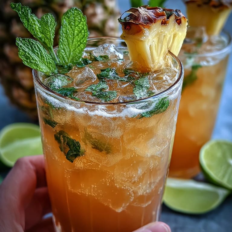 Tropical pineapple ginger fizz served over ice with fresh mint and lime, a zesty non-alcoholic party drink.