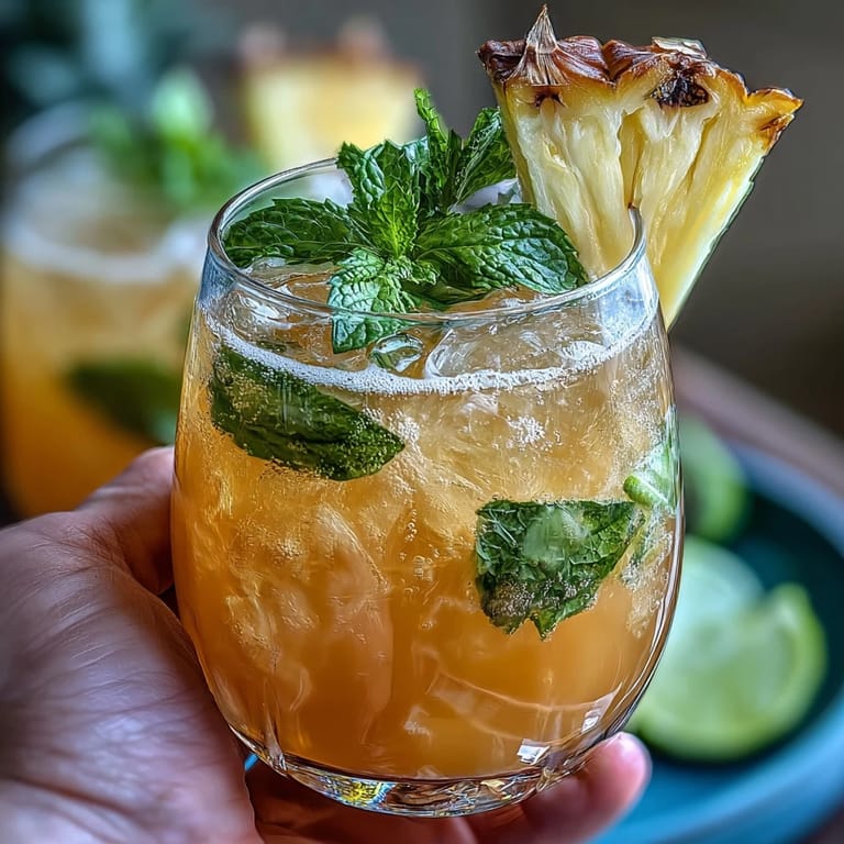 Vibrant pineapple ginger fizz with sparkling water, garnished with lime and mint, ideal for festive gatherings.