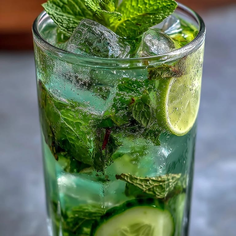 Two chilled glasses of virgin mojito featuring muddled lime, mint, and cucumber, topped with effervescent sparkling water for a crisp, cool sip.