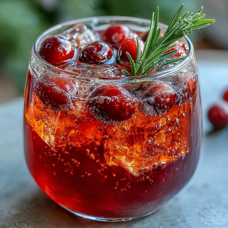 Vibrant orange cranberry drink with fresh rosemary, served over ice with citrus garnish for a refreshing sip.  