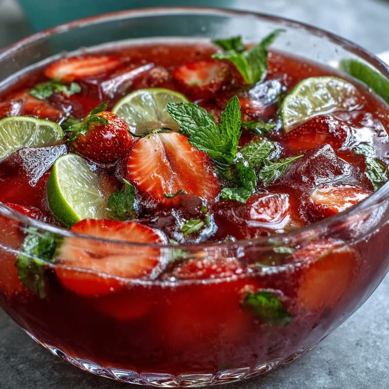 A refreshing strawberry daiquiri punch bowl with white rum, lime juice, and sparkling soda, served over ice for a festive touch.