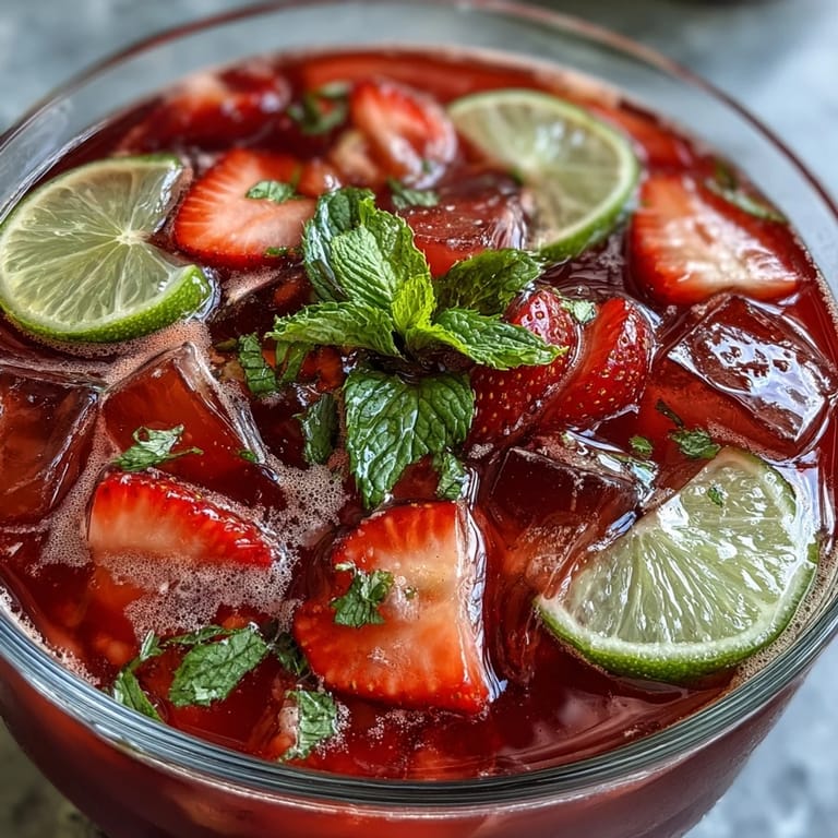 A large punch bowl brimming with colorful strawberries, lime wheels, and bubbly club soda, garnished with mint for a lively drink.