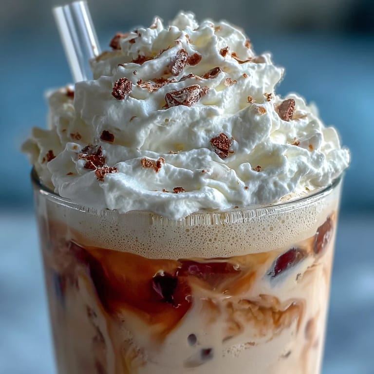 A close-up view of the finished vanilla bean frappuccino with vanilla specks visible and a thick layer of whipped cream on top.