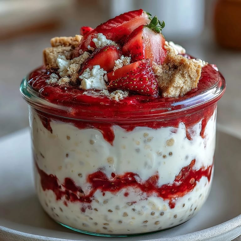 Chilled overnight oats featuring velvety cottage cheese and juicy strawberries, topped with graham cracker crumbs for a delightful, healthy breakfast.