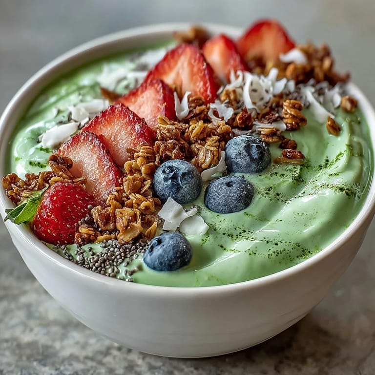 Creamy matcha yogurt smoothie bowl topped with sliced fruit, chia seeds, and coconut flakes for a nourishing, antioxidant-rich snack.