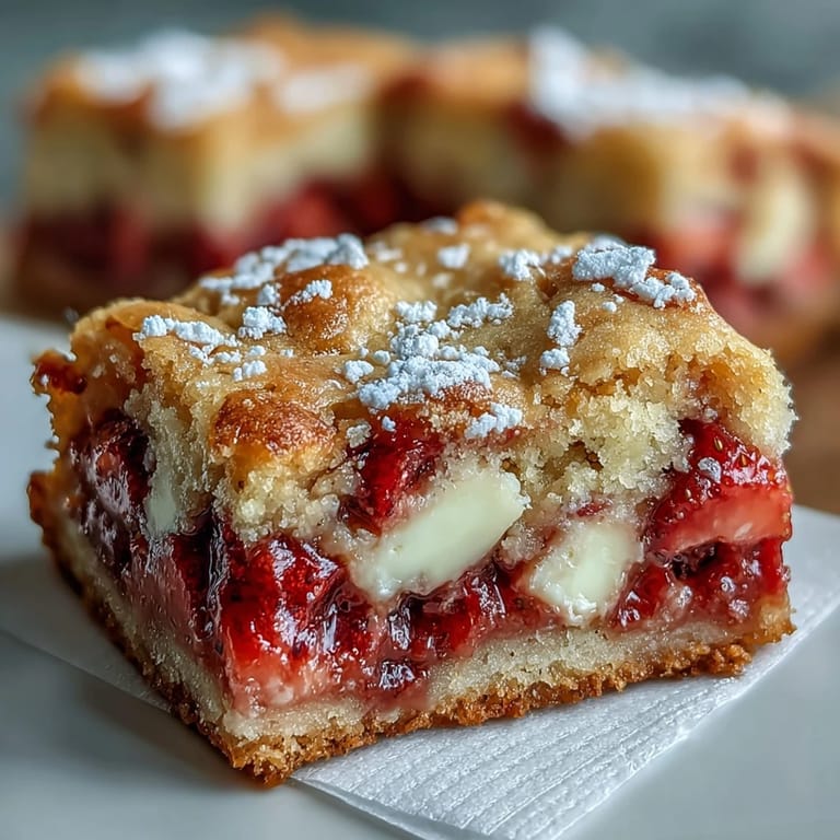 Buttery cookie bars loaded with diced strawberries and creamy white chocolate, perfect for summer parties.  