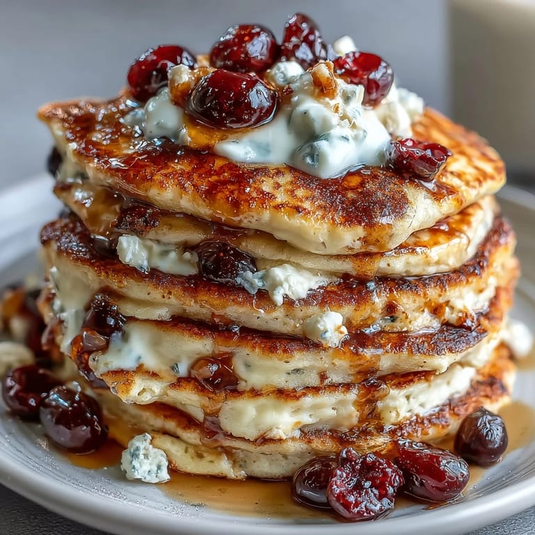Fluffy cottage cheese pancakes dotted with juicy blueberries, cooked to perfection on a griddle and ready to fuel your morning.  