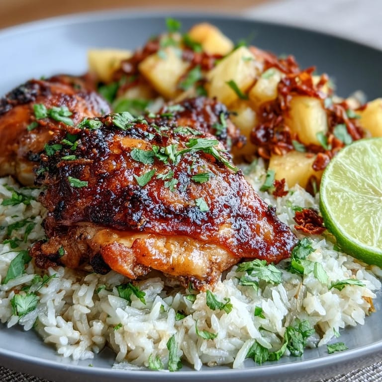 Fluffy rice baked with tender chicken, tropical pineapple, and savory spices in a single oven-safe skillet for easy cleanup.