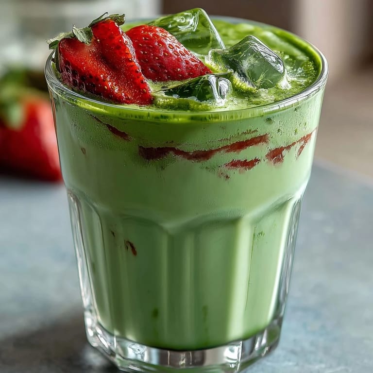 Two refreshing Dairy-Free Strawberry Matcha Lattes with oat milk, showcasing a beautiful layered effect of sweet strawberry syrup, creamy milk, and earthy matcha green tea powder.